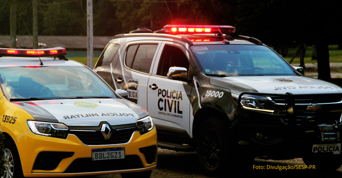 Viaturas da PM e PC em prisão de suspeito de furtos em Santa Izabel do Oeste. Foto: SESP/PR