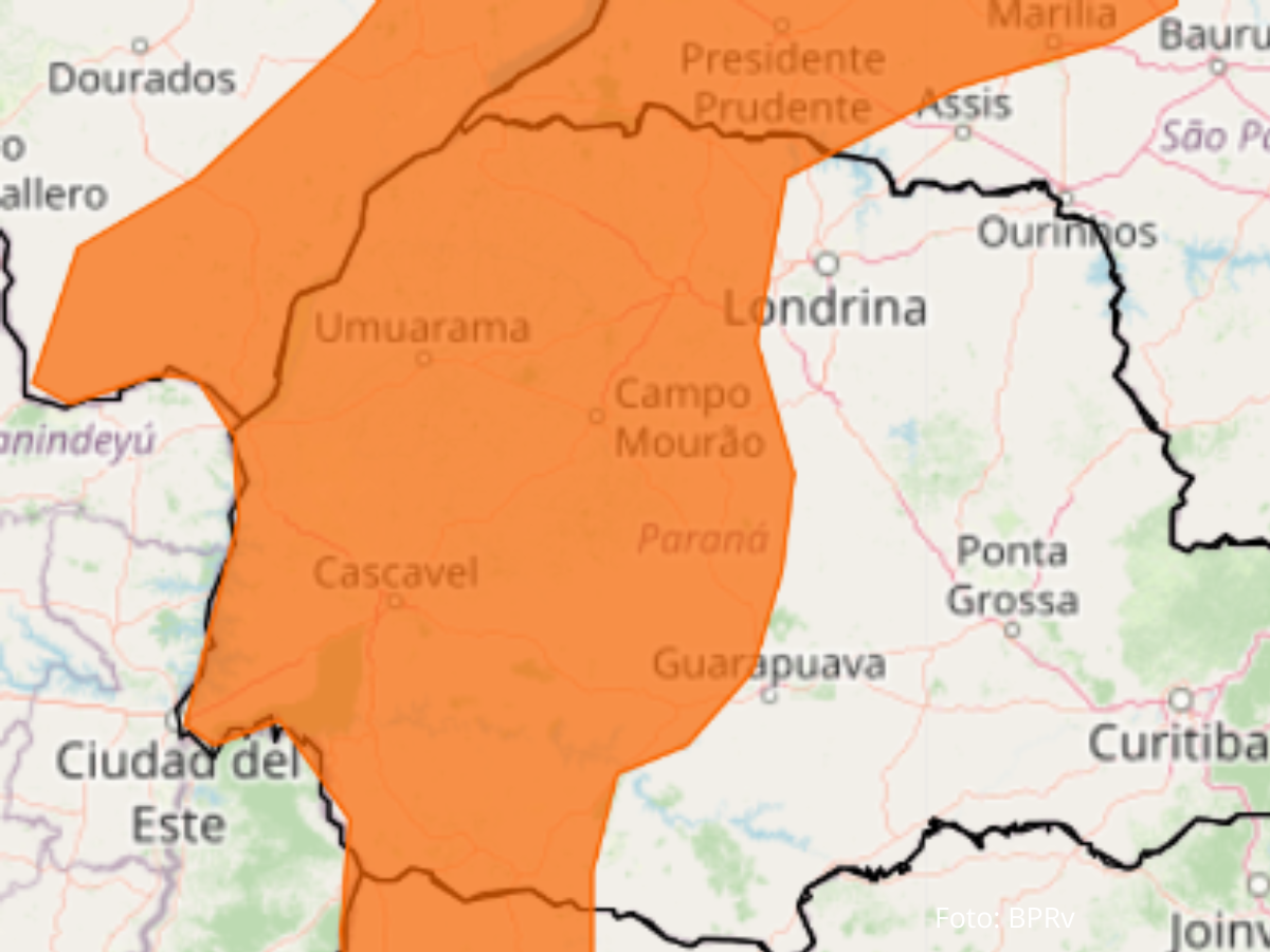 Mapa com a onda de calor no Paraná.