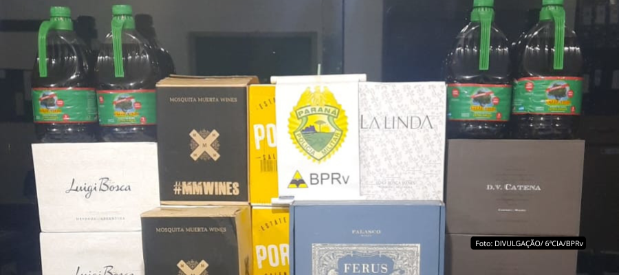 vinhos e azeites apreendidos pela Polícia Militar.