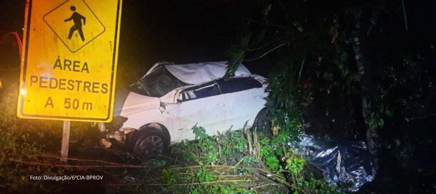 Carro capotado às margens da rodovia