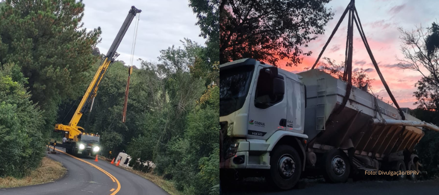 Caminhão Volvo VM‑290 tombado às margens da PR‑471 em Salto do Lontra