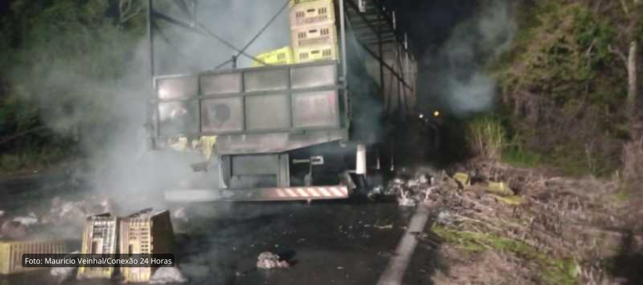 Incêndio destrói caminhão com frangos vivos na PR-280, em Renascença