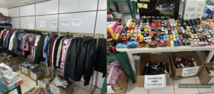 Produtos variados como eletrônicos, roupas e brinquedos organizados para o bazar