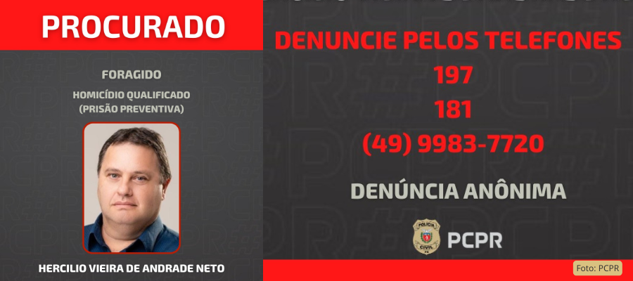 Vice-prefeito de Barracão, Hercílio Vieira de Andrade Neto, está foragido após prisão decretada por homicídio qualificado.