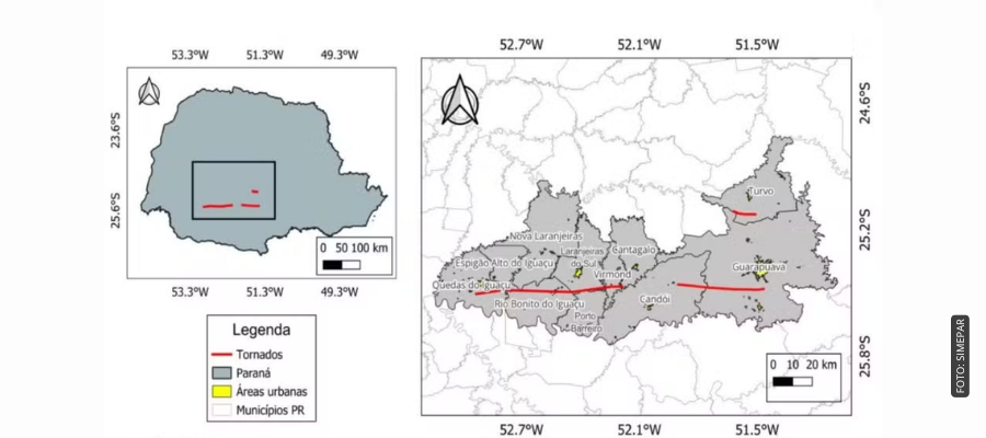 Mapa mostra trajetória confirmada do tornado F4 no Paraná